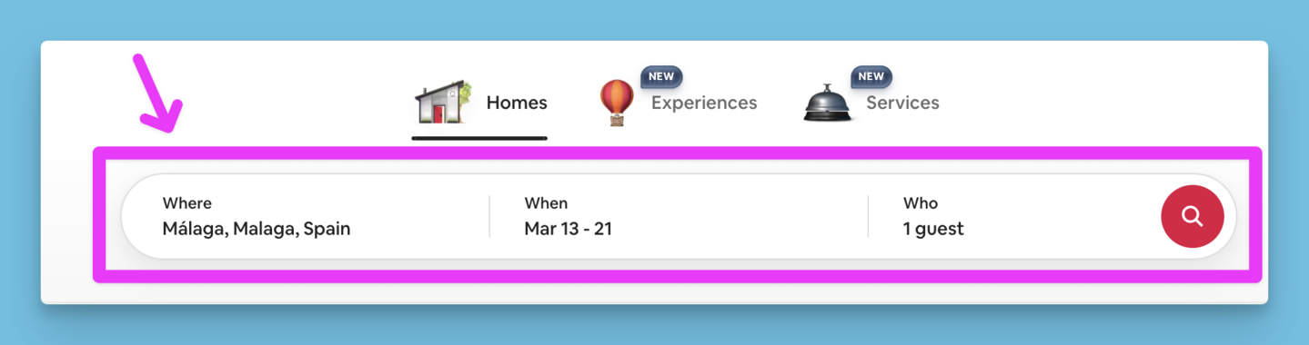 Airbnb search bar with destination and dates selected