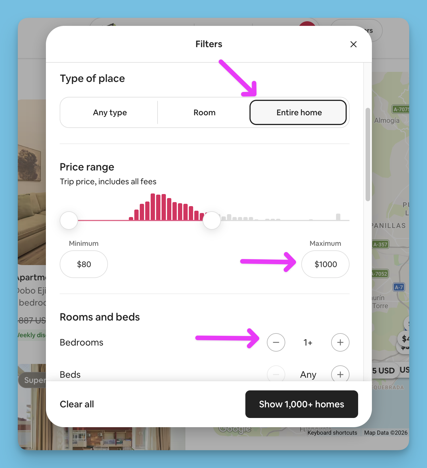 Airbnb filters panel showing type of place, price range, and rooms