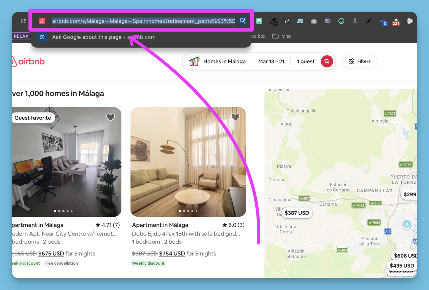 Browser address bar highlighting Airbnb search URL