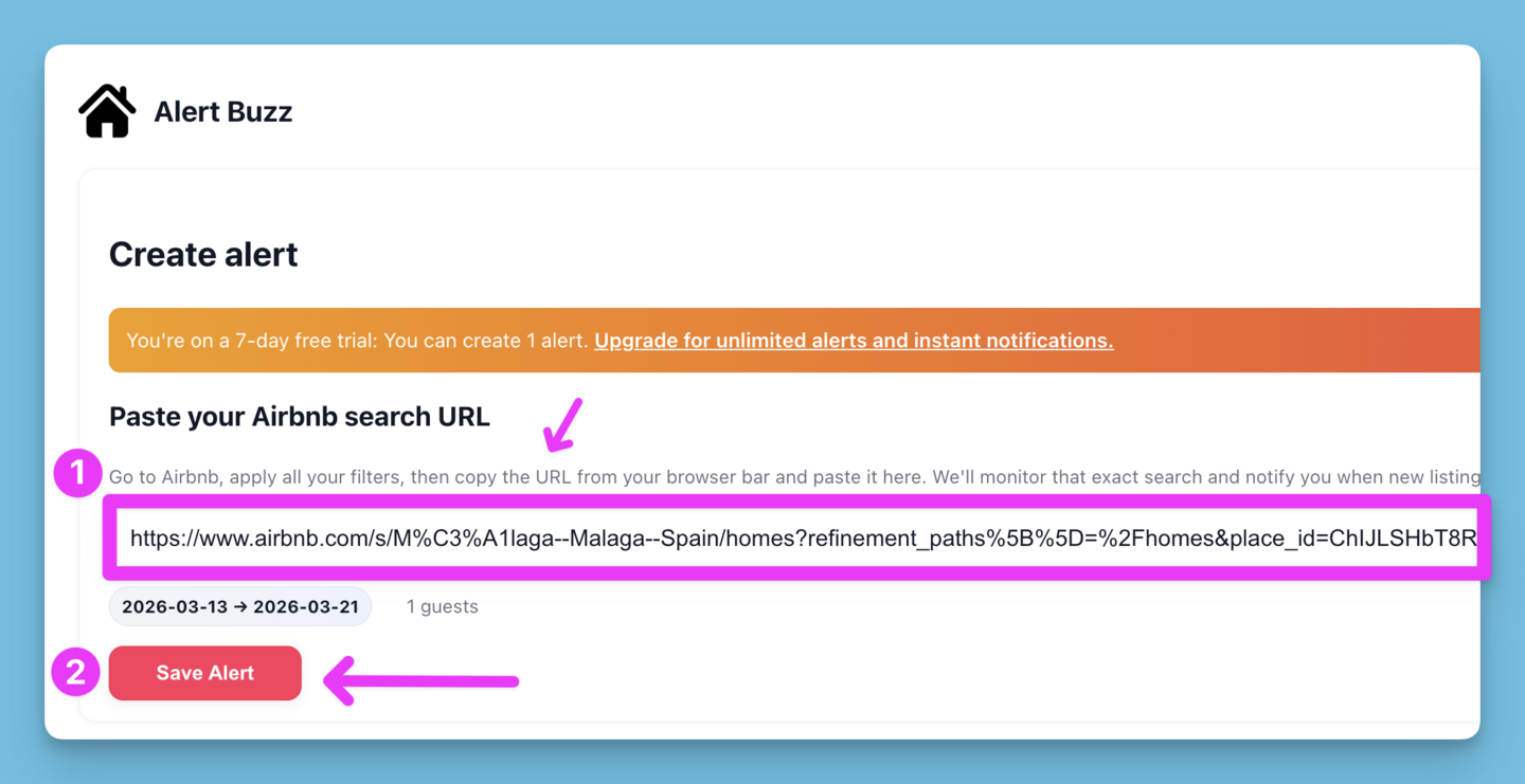 Alert Buzz create alert section with pasted search URL and Save Alert button